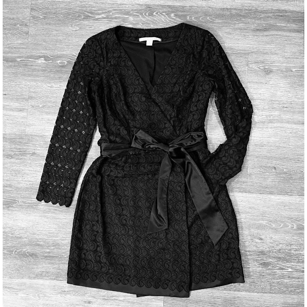 Diane von Furstenberg Sz 8 Black Lace Satin Tie Elegant Formal Wrap Dress RARE